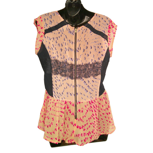 Maeve Anthropologie Women's XS Blouse Blush Pink Sheer, Lace Navy Round Neck - Picture 3 of 6